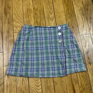 Vintage Sash Plaid Button Wrap Mini Skirt Green Blue‎ Pink Size L
